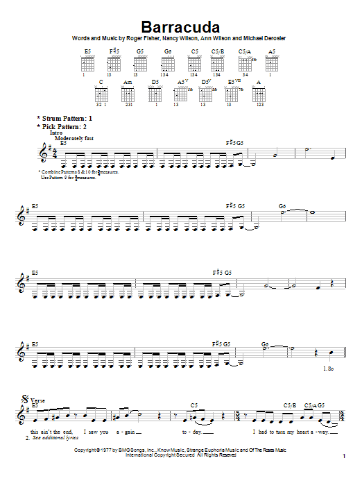 Preview Heart Barracuda Rock sheet music, notes and chords for Easy Guitar, SKU: 22723 sheet music, piano notes, chords, guitar tabs, score, transpose, transcribe, how to play, guide, download, learn, tutorial, progression, song, artist, awards, billboard, mtv, vh1, tour, single, album, release