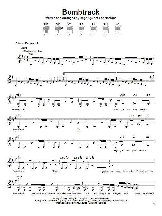 Preview Rage Against The Machine Bombtrack Metal sheet music, notes and chords for Easy Guitar, SKU: 22724 sheet music, piano notes, chords, guitar tabs, score, transpose, transcribe, how to play, guide, download, learn, tutorial, progression, song, artist, awards, billboard, mtv, vh1, tour, single, album, release