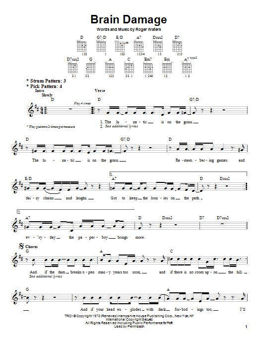 Preview Pink Floyd Brain Damage Rock sheet music, notes and chords for Easy Guitar, SKU: 22725 sheet music, piano notes, chords, guitar tabs, score, transpose, transcribe, how to play, guide, download, learn, tutorial, progression, song, artist, awards, billboard, mtv, vh1, tour, single, album, release