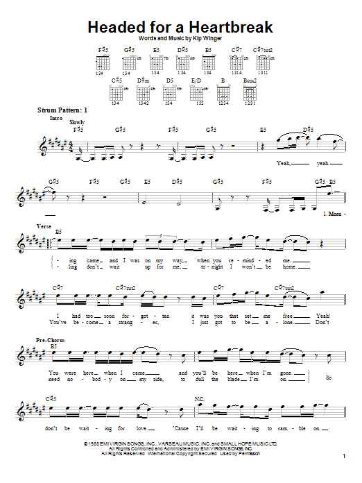 Preview Winger Headed For A Heartbreak Pop sheet music, notes and chords for Easy Guitar, SKU: 22746 sheet music, piano notes, chords, guitar tabs, score, transpose, transcribe, how to play, guide, download, learn, tutorial, progression, song, artist, awards, billboard, mtv, vh1, tour, single, album, release