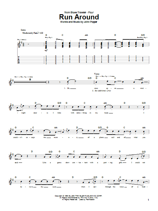Preview Blues Traveler Run Around Rock sheet music, notes and chords for Guitar Tab, SKU: 22781 sheet music, piano notes, chords, guitar tabs, score, transpose, transcribe, how to play, guide, download, learn, tutorial, progression, song, artist, awards, billboard, mtv, vh1, tour, single, album, release