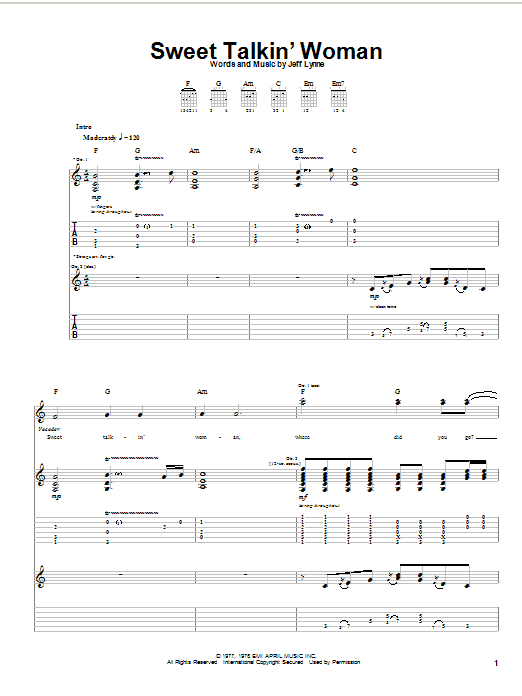 Preview Electric Light Orchestra Sweet Talkin' Woman Rock sheet music, notes and chords for Guitar Tab, SKU: 22782 sheet music, piano notes, chords, guitar tabs, score, transpose, transcribe, how to play, guide, download, learn, tutorial, progression, song, artist, awards, billboard, mtv, vh1, tour, single, album, release