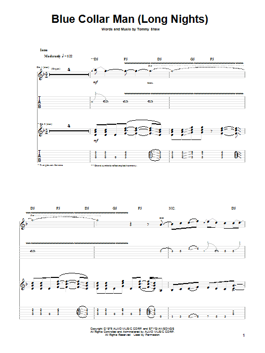 Preview Styx Blue Collar Man (Long Nights) Rock sheet music, notes and chords for Guitar Tab, SKU: 22784 sheet music, piano notes, chords, guitar tabs, score, transpose, transcribe, how to play, guide, download, learn, tutorial, progression, song, artist, awards, billboard, mtv, vh1, tour, single, album, release