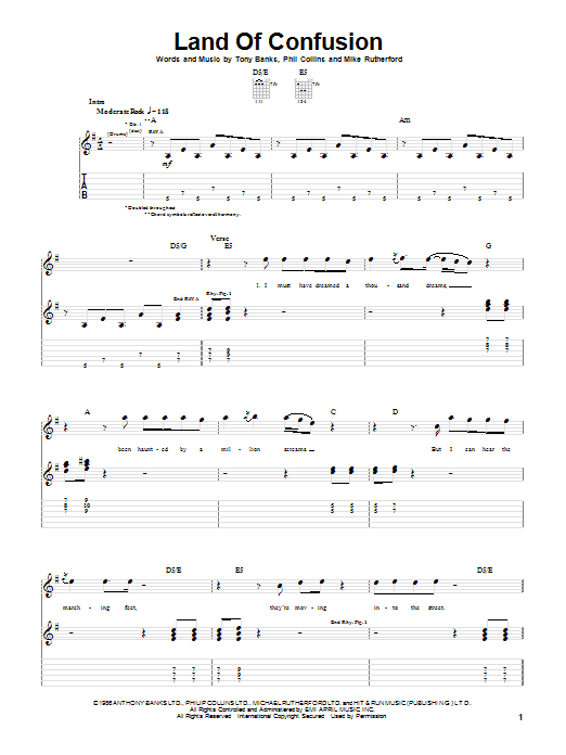 Preview Genesis Land Of Confusion Rock sheet music, notes and chords for Guitar Tab, SKU: 22788 sheet music, piano notes, chords, guitar tabs, score, transpose, transcribe, how to play, guide, download, learn, tutorial, progression, song, artist, awards, billboard, mtv, vh1, tour, single, album, release