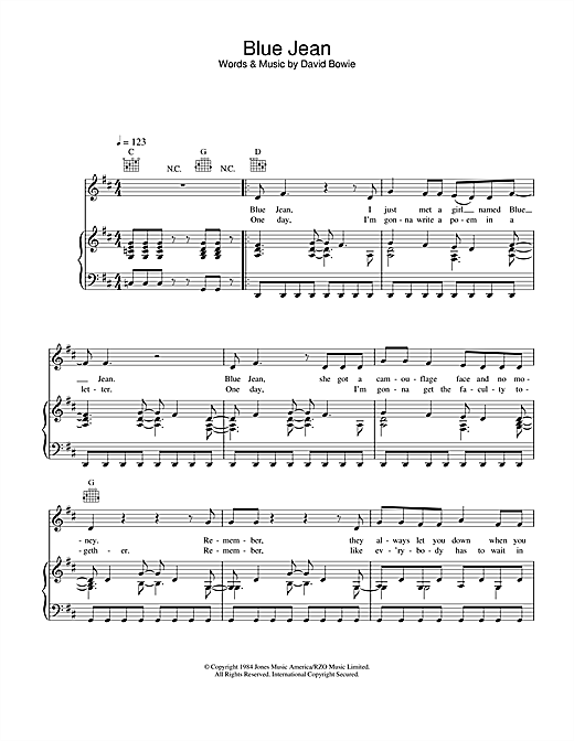 Preview David Bowie Blue Jean Rock sheet music, notes and chords for Piano, Vocal & Guitar, SKU: 22796 sheet music, piano notes, chords, guitar tabs, score, transpose, transcribe, how to play, guide, download, learn, tutorial, progression, song, artist, awards, billboard, mtv, vh1, tour, single, album, release