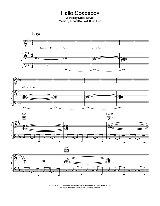 Preview David Bowie Hallo Spaceboy Rock sheet music, notes and chords for Piano, Vocal & Guitar, SKU: 22799 sheet music, piano notes, chords, guitar tabs, score, transpose, transcribe, how to play, guide, download, learn, tutorial, progression, song, artist, awards, billboard, mtv, vh1, tour, single, album, release