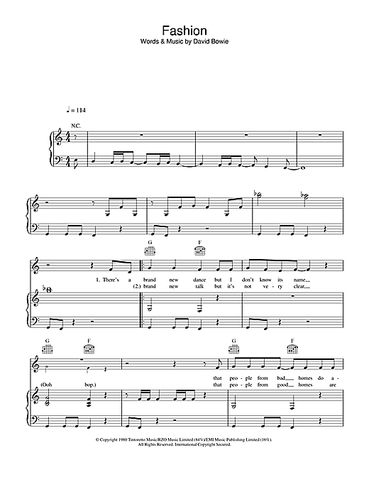 Preview David Bowie Fashion Rock sheet music, notes and chords for Piano, Vocal & Guitar, SKU: 22804 sheet music, piano notes, chords, guitar tabs, score, transpose, transcribe, how to play, guide, download, learn, tutorial, progression, song, artist, awards, billboard, mtv, vh1, tour, single, album, release