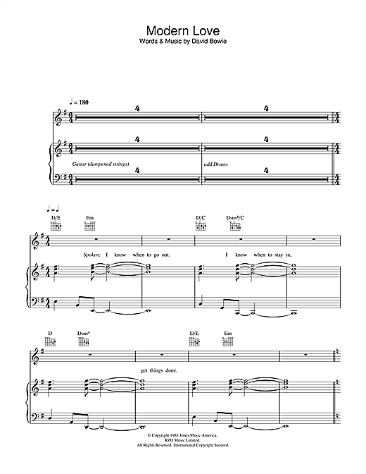 Preview David Bowie Modern Love Rock sheet music, notes and chords for Piano, Vocal & Guitar, SKU: 22805 sheet music, piano notes, chords, guitar tabs, score, transpose, transcribe, how to play, guide, download, learn, tutorial, progression, song, artist, awards, billboard, mtv, vh1, tour, single, album, release