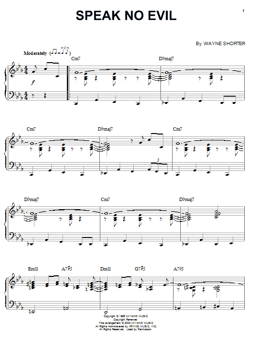 Preview Wayne Shorter Speak No Evil Jazz sheet music, notes and chords for Piano, Vocal & Guitar (Right-Hand Melody), SKU: 22835 sheet music, piano notes, chords, guitar tabs, score, transpose, transcribe, how to play, guide, download, learn, tutorial, progression, song, artist, awards, billboard, mtv, vh1, tour, single, album, release