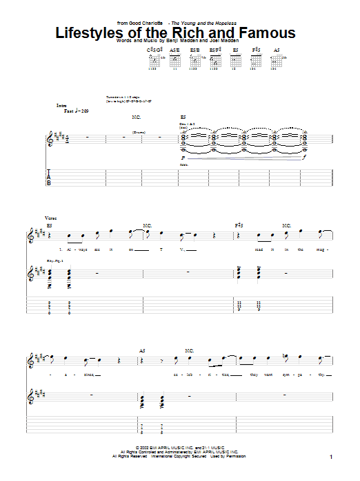 Preview Good Charlotte Lifestyles Of The Rich And Famous Rock sheet music, notes and chords for Guitar Tab, SKU: 22836 sheet music, piano notes, chords, guitar tabs, score, transpose, transcribe, how to play, guide, download, learn, tutorial, progression, song, artist, awards, billboard, mtv, vh1, tour, single, album, release