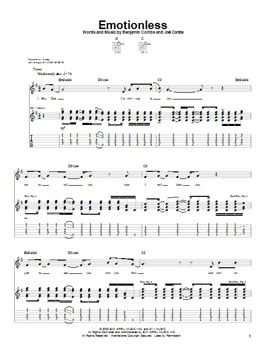 Preview Good Charlotte Emotionless Rock sheet music, notes and chords for Guitar Tab, SKU: 22840 sheet music, piano notes, chords, guitar tabs, score, transpose, transcribe, how to play, guide, download, learn, tutorial, progression, song, artist, awards, billboard, mtv, vh1, tour, single, album, release