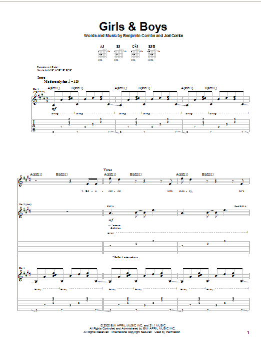 Preview Good Charlotte Girls & Boys Rock sheet music, notes and chords for Guitar Tab, SKU: 22841 sheet music, piano notes, chords, guitar tabs, score, transpose, transcribe, how to play, guide, download, learn, tutorial, progression, song, artist, awards, billboard, mtv, vh1, tour, single, album, release