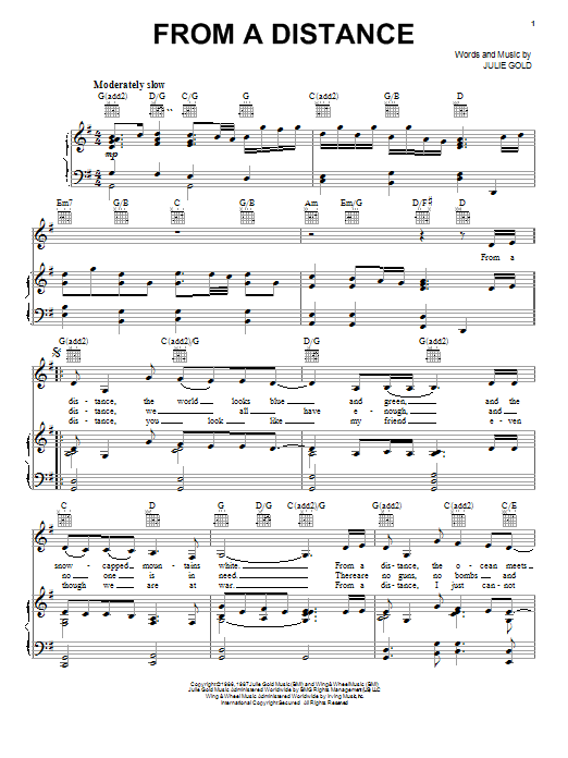 Preview Bette Midler From A Distance Pop sheet music, notes and chords for Piano, Vocal & Guitar (Right-Hand Melody), SKU: 22852 sheet music, piano notes, chords, guitar tabs, score, transpose, transcribe, how to play, guide, download, learn, tutorial, progression, song, artist, awards, billboard, mtv, vh1, tour, single, album, release