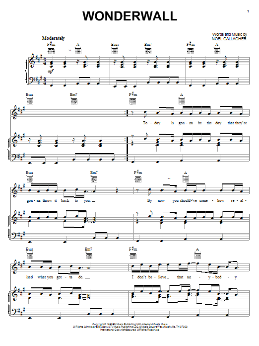 Preview Oasis Wonderwall Pop sheet music, notes and chords for Piano, Vocal & Guitar (Right-Hand Melody), SKU: 22855 sheet music, piano notes, chords, guitar tabs, score, transpose, transcribe, how to play, guide, download, learn, tutorial, progression, song, artist, awards, billboard, mtv, vh1, tour, single, album, release