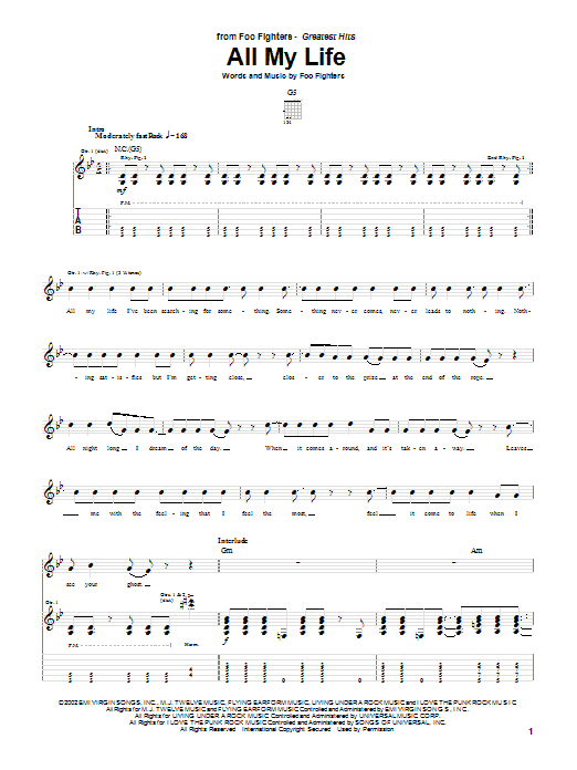 Preview Foo Fighters All My Life Pop sheet music, notes and chords for Guitar Tab, SKU: 22858 sheet music, piano notes, chords, guitar tabs, score, transpose, transcribe, how to play, guide, download, learn, tutorial, progression, song, artist, awards, billboard, mtv, vh1, tour, single, album, release