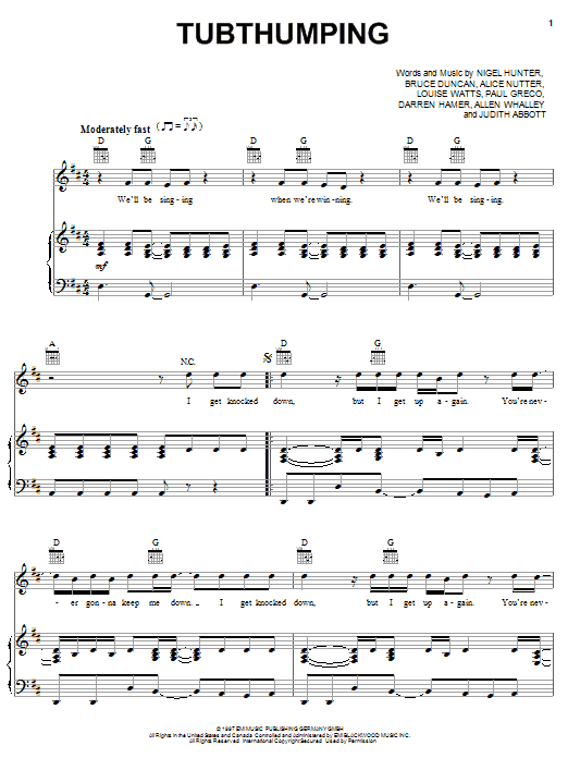 Preview Chumbawamba Tubthumping Rock sheet music, notes and chords for Piano, Vocal & Guitar (Right-Hand Melody), SKU: 22859 sheet music, piano notes, chords, guitar tabs, score, transpose, transcribe, how to play, guide, download, learn, tutorial, progression, song, artist, awards, billboard, mtv, vh1, tour, single, album, release