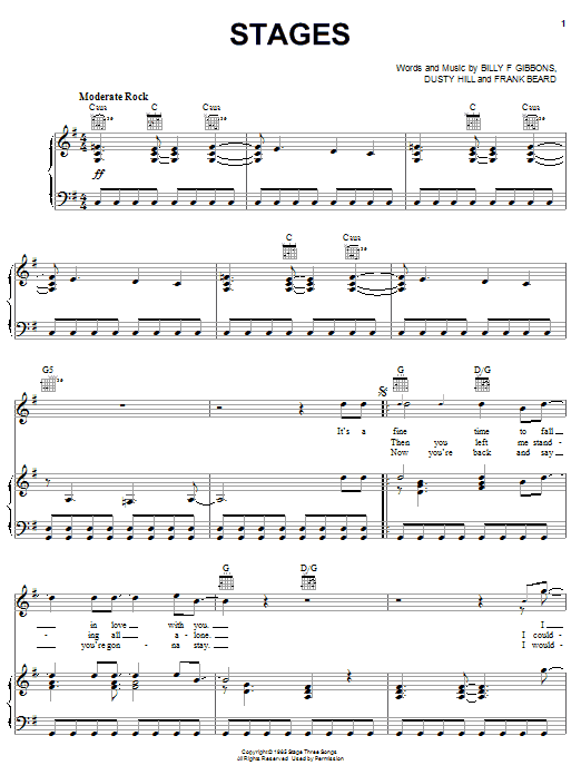 Preview ZZ Top Stages Rock sheet music, notes and chords for Piano, Vocal & Guitar (Right-Hand Melody), SKU: 22867 sheet music, piano notes, chords, guitar tabs, score, transpose, transcribe, how to play, guide, download, learn, tutorial, progression, song, artist, awards, billboard, mtv, vh1, tour, single, album, release
