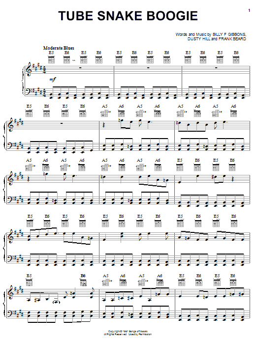 Preview ZZ Top Tube Snake Boogie Pop sheet music, notes and chords for Piano, Vocal & Guitar (Right-Hand Melody), SKU: 22868 sheet music, piano notes, chords, guitar tabs, score, transpose, transcribe, how to play, guide, download, learn, tutorial, progression, song, artist, awards, billboard, mtv, vh1, tour, single, album, release