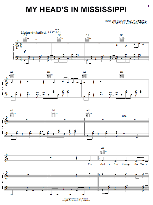Preview ZZ Top My Head's In Mississippi Pop sheet music, notes and chords for Piano, Vocal & Guitar (Right-Hand Melody), SKU: 22875 sheet music, piano notes, chords, guitar tabs, score, transpose, transcribe, how to play, guide, download, learn, tutorial, progression, song, artist, awards, billboard, mtv, vh1, tour, single, album, release