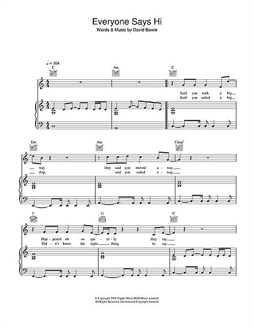 Preview David Bowie Everyone Says Hi Rock sheet music, notes and chords for Piano, Vocal & Guitar, SKU: 22877 sheet music, piano notes, chords, guitar tabs, score, transpose, transcribe, how to play, guide, download, learn, tutorial, progression, song, artist, awards, billboard, mtv, vh1, tour, single, album, release