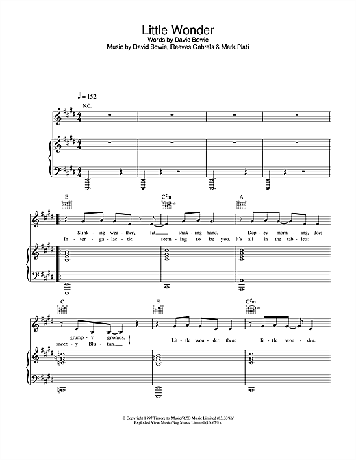 Preview David Bowie Little Wonder Rock sheet music, notes and chords for Piano, Vocal & Guitar, SKU: 22879 sheet music, piano notes, chords, guitar tabs, score, transpose, transcribe, how to play, guide, download, learn, tutorial, progression, song, artist, awards, billboard, mtv, vh1, tour, single, album, release