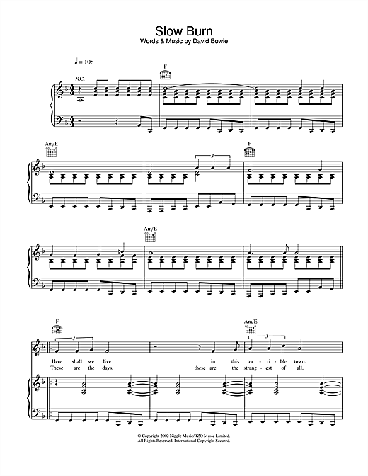 Preview David Bowie Slow Burn Rock sheet music, notes and chords for Piano, Vocal & Guitar, SKU: 22881 sheet music, piano notes, chords, guitar tabs, score, transpose, transcribe, how to play, guide, download, learn, tutorial, progression, song, artist, awards, billboard, mtv, vh1, tour, single, album, release