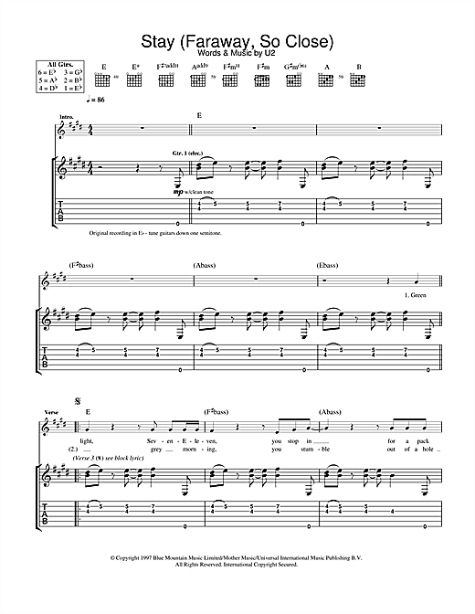 Preview U2 Stay (Faraway, So Close) Pop sheet music, notes and chords for Guitar Tab, SKU: 22887 Stay (Faraway, So Close) sheet music