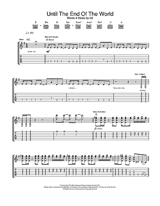 Preview U2 Until The End Of The World Pop sheet music, notes and chords for Guitar Tab, SKU: 22889 sheet music, piano notes, chords, guitar tabs, score, transpose, transcribe, how to play, guide, download, learn, tutorial, progression, song, artist, awards, billboard, mtv, vh1, tour, single, album, release