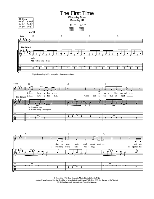 Preview U2 The First Time Pop sheet music, notes and chords for Guitar Tab, SKU: 22891 sheet music, piano notes, chords, guitar tabs, score, transpose, transcribe, how to play, guide, download, learn, tutorial, progression, song, artist, awards, billboard, mtv, vh1, tour, single, album, release