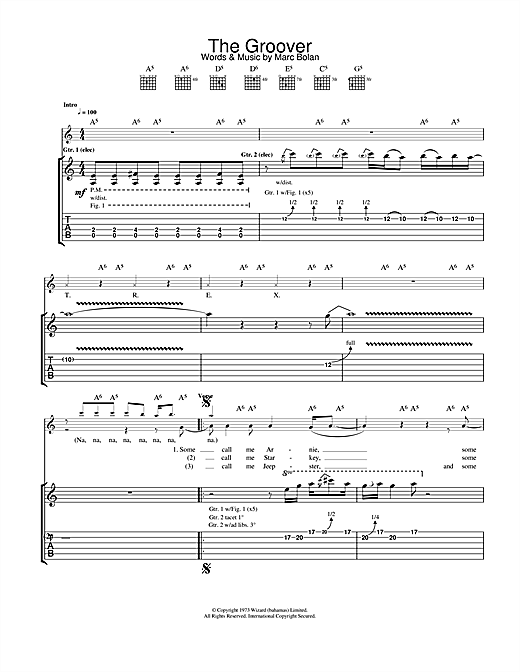 Preview T. Rex The Groover Rock sheet music, notes and chords for Guitar Tab, SKU: 22892 sheet music, piano notes, chords, guitar tabs, score, transpose, transcribe, how to play, guide, download, learn, tutorial, progression, song, artist, awards, billboard, mtv, vh1, tour, single, album, release