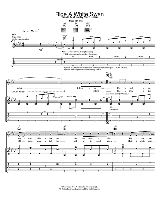 Preview T. Rex Ride A White Swan Rock sheet music, notes and chords for Guitar Tab, SKU: 22894 sheet music, piano notes, chords, guitar tabs, score, transpose, transcribe, how to play, guide, download, learn, tutorial, progression, song, artist, awards, billboard, mtv, vh1, tour, single, album, release