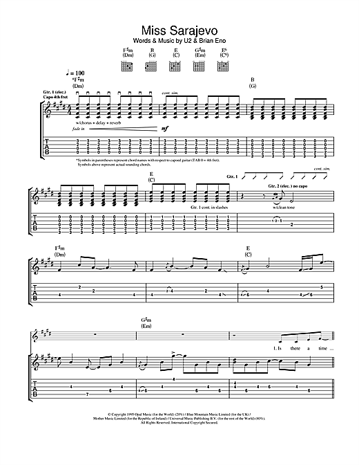 Preview U2 Miss Sarajevo Rock sheet music, notes and chords for Guitar Tab, SKU: 22897 sheet music, piano notes, chords, guitar tabs, score, transpose, transcribe, how to play, guide, download, learn, tutorial, progression, song, artist, awards, billboard, mtv, vh1, tour, single, album, release