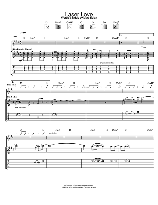 Preview T. Rex Laser Love Rock sheet music, notes and chords for Guitar Tab, SKU: 22900 sheet music, piano notes, chords, guitar tabs, score, transpose, transcribe, how to play, guide, download, learn, tutorial, progression, song, artist, awards, billboard, mtv, vh1, tour, single, album, release