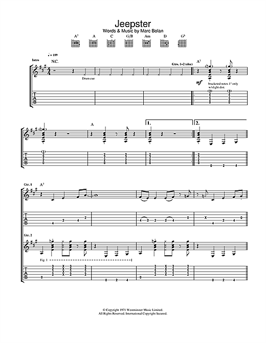 Preview T Rex Jeepster Rock sheet music, notes and chords for Guitar Tab, SKU: 22901 Jeepster sheet music
