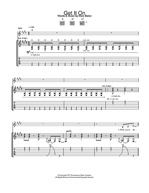 Preview T. Rex Get It On (Bang A Gong) Rock sheet music, notes and chords for Guitar Tab, SKU: 22905 sheet music, piano notes, chords, guitar tabs, score, transpose, transcribe, how to play, guide, download, learn, tutorial, progression, song, artist, awards, billboard, mtv, vh1, tour, single, album, release