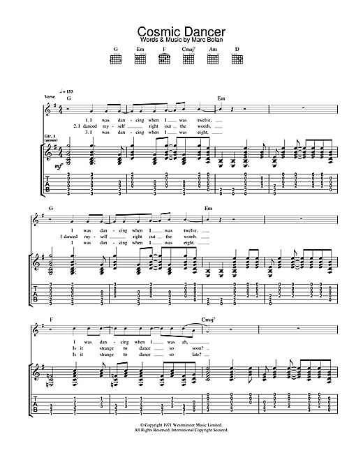 Preview T Rex Cosmic Dancer Rock sheet music, notes and chords for Guitar Tab, SKU: 22906 Cosmic Dancer sheet music