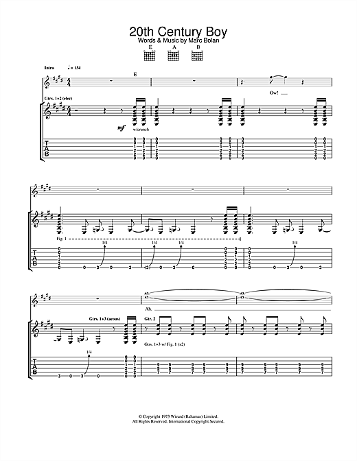 Preview T. Rex 20th Century Boy Rock sheet music, notes and chords for Guitar Tab, SKU: 22908 sheet music, piano notes, chords, guitar tabs, score, transpose, transcribe, how to play, guide, download, learn, tutorial, progression, song, artist, awards, billboard, mtv, vh1, tour, single, album, release
