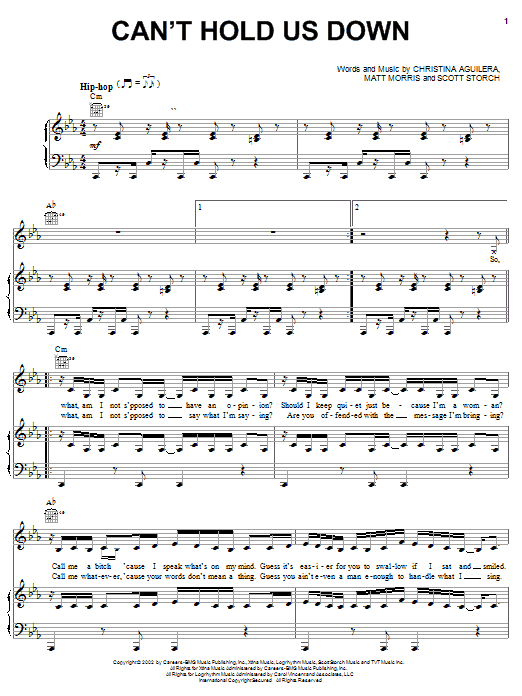 Preview Christina Aguilera Can't Hold Us Down Pop sheet music, notes and chords for Piano, Vocal & Guitar (Right-Hand Melody), SKU: 22910 sheet music, piano notes, chords, guitar tabs, score, transpose, transcribe, how to play, guide, download, learn, tutorial, progression, song, artist, awards, billboard, mtv, vh1, tour, single, album, release
