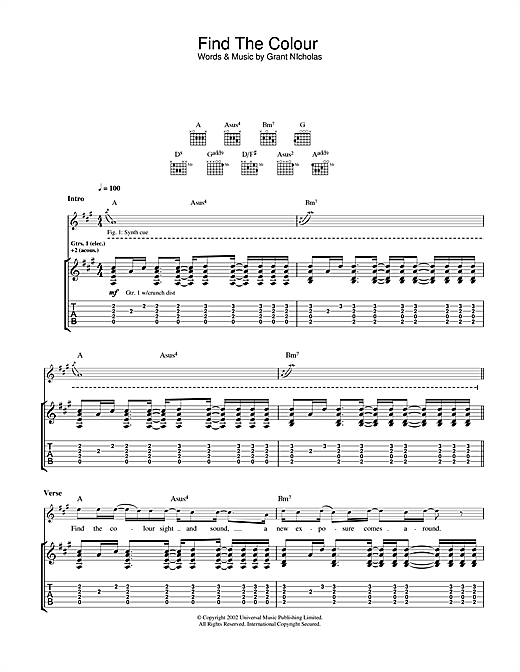 Preview Feeder Find The Colour Pop sheet music, notes and chords for Guitar Tab, SKU: 22927 sheet music, piano notes, chords, guitar tabs, score, transpose, transcribe, how to play, guide, download, learn, tutorial, progression, song, artist, awards, billboard, mtv, vh1, tour, single, album, release