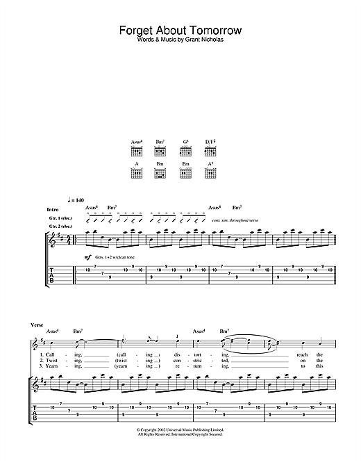 Preview Feeder Forget About Tomorrow Pop sheet music, notes and chords for Guitar Tab, SKU: 22928 sheet music, piano notes, chords, guitar tabs, score, transpose, transcribe, how to play, guide, download, learn, tutorial, progression, song, artist, awards, billboard, mtv, vh1, tour, single, album, release
