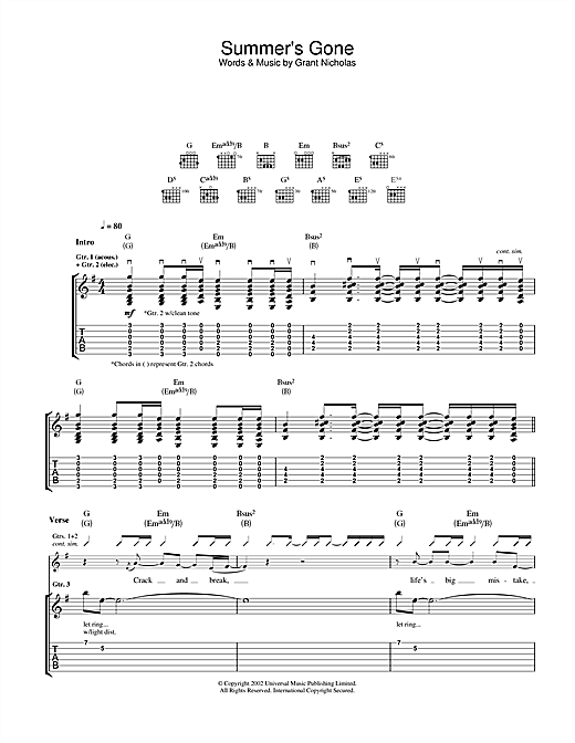 Preview Feeder Summer's Gone Pop sheet music, notes and chords for Guitar Tab, SKU: 22935 Summer's Gone sheet music