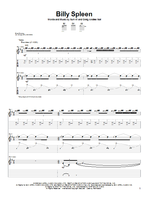 Preview Sum 41 Billy Spleen Rock sheet music, notes and chords for Guitar Tab, SKU: 22938 sheet music, piano notes, chords, guitar tabs, score, transpose, transcribe, how to play, guide, download, learn, tutorial, progression, song, artist, awards, billboard, mtv, vh1, tour, single, album, release