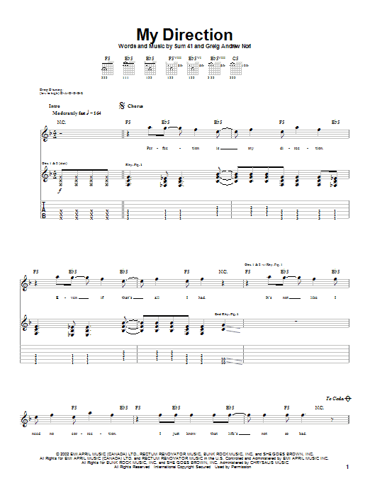Preview Sum 41 My Direction Rock sheet music, notes and chords for Guitar Tab, SKU: 22943 sheet music, piano notes, chords, guitar tabs, score, transpose, transcribe, how to play, guide, download, learn, tutorial, progression, song, artist, awards, billboard, mtv, vh1, tour, single, album, release