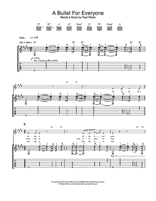 Preview Paul Weller A Bullet For Everyone Rock sheet music, notes and chords for Guitar Tab, SKU: 22947 sheet music, piano notes, chords, guitar tabs, score, transpose, transcribe, how to play, guide, download, learn, tutorial, progression, song, artist, awards, billboard, mtv, vh1, tour, single, album, release