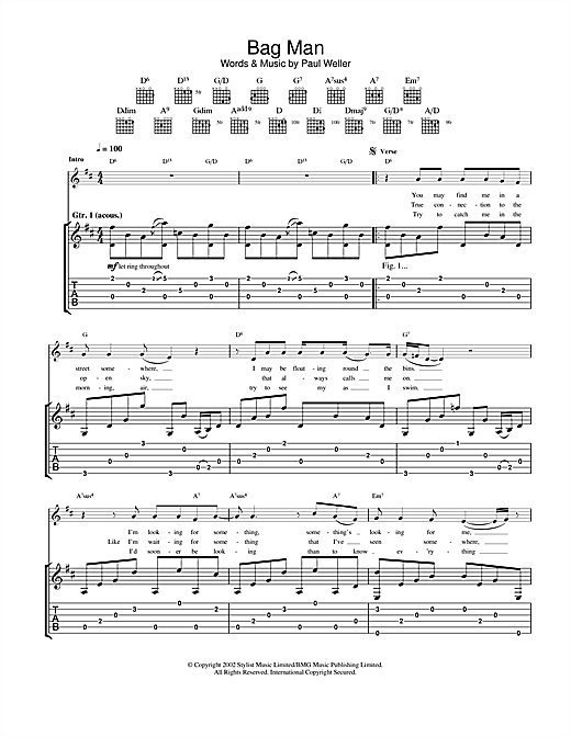 Preview Paul Weller Bag Man Rock sheet music, notes and chords for Guitar Tab, SKU: 22949 sheet music, piano notes, chords, guitar tabs, score, transpose, transcribe, how to play, guide, download, learn, tutorial, progression, song, artist, awards, billboard, mtv, vh1, tour, single, album, release