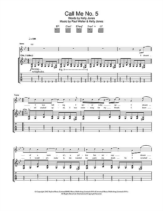 Preview Paul Weller Call Me No. 5 Rock sheet music, notes and chords for Guitar Tab, SKU: 22950 Call Me No. 5 sheet music