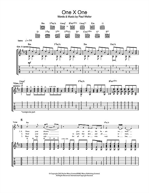 Preview Paul Weller One X One Rock sheet music, notes and chords for Guitar Tab, SKU: 22956 sheet music, piano notes, chords, guitar tabs, score, transpose, transcribe, how to play, guide, download, learn, tutorial, progression, song, artist, awards, billboard, mtv, vh1, tour, single, album, release