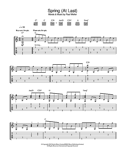 Preview Paul Weller Spring (At Last) Rock sheet music, notes and chords for Guitar Tab, SKU: 22957 sheet music, piano notes, chords, guitar tabs, score, transpose, transcribe, how to play, guide, download, learn, tutorial, progression, song, artist, awards, billboard, mtv, vh1, tour, single, album, release