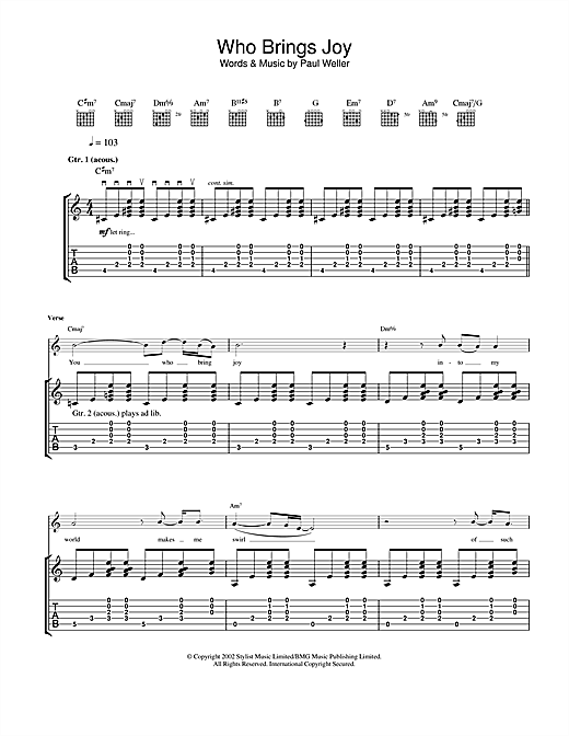 Preview Paul Weller Who Brings Joy Rock sheet music, notes and chords for Guitar Tab, SKU: 22959 sheet music, piano notes, chords, guitar tabs, score, transpose, transcribe, how to play, guide, download, learn, tutorial, progression, song, artist, awards, billboard, mtv, vh1, tour, single, album, release