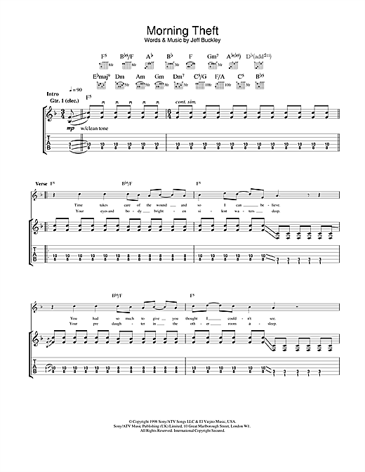 Preview Jeff Buckley Morning Theft Pop sheet music, notes and chords for Guitar Tab, SKU: 22980 sheet music, piano notes, chords, guitar tabs, score, transpose, transcribe, how to play, guide, download, learn, tutorial, progression, song, artist, awards, billboard, mtv, vh1, tour, single, album, release